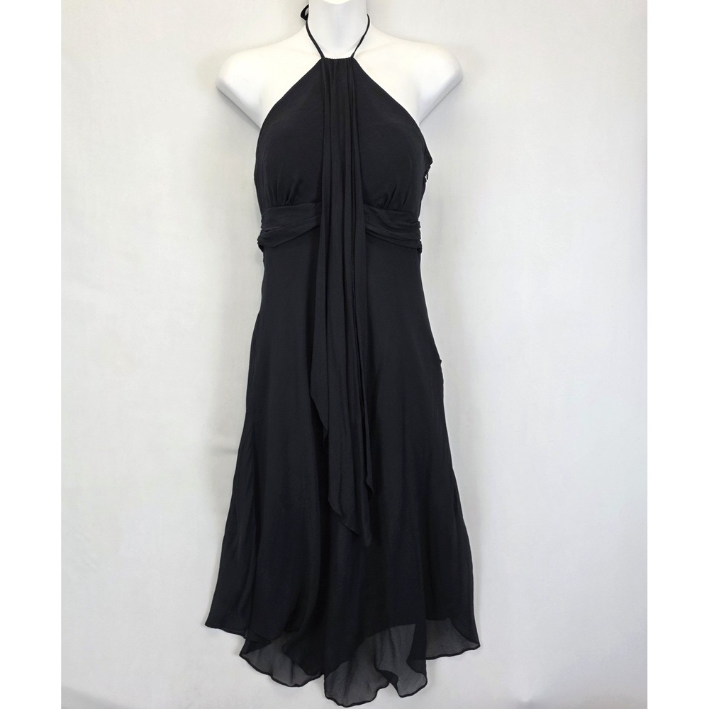 Sangria Black Silk Dress Women 8 Halter Midi Open Back‎ Cocktail Evening Fairy